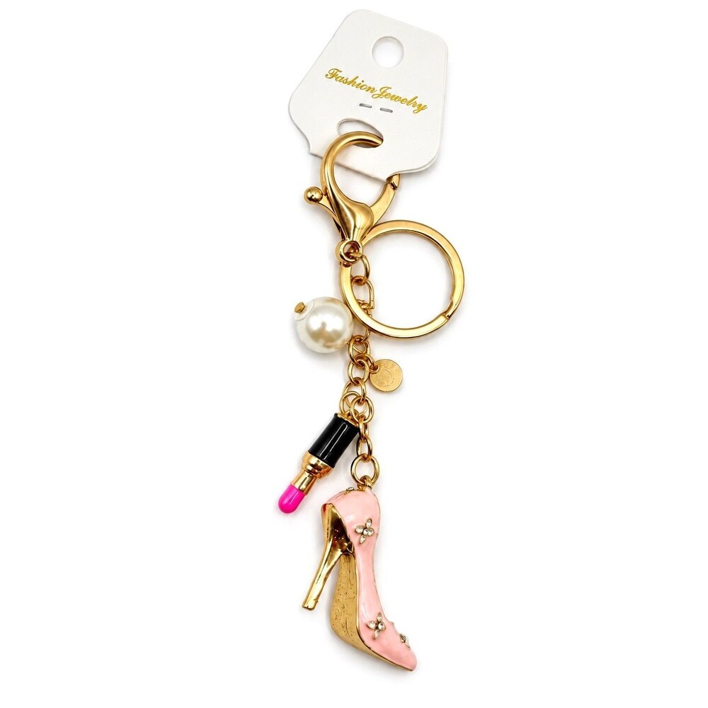 Pink High Heel Lipstick Purse Bag Charm Keychain Pearl Rhinestone Gold Luxe NEW - Picture 4 of 9